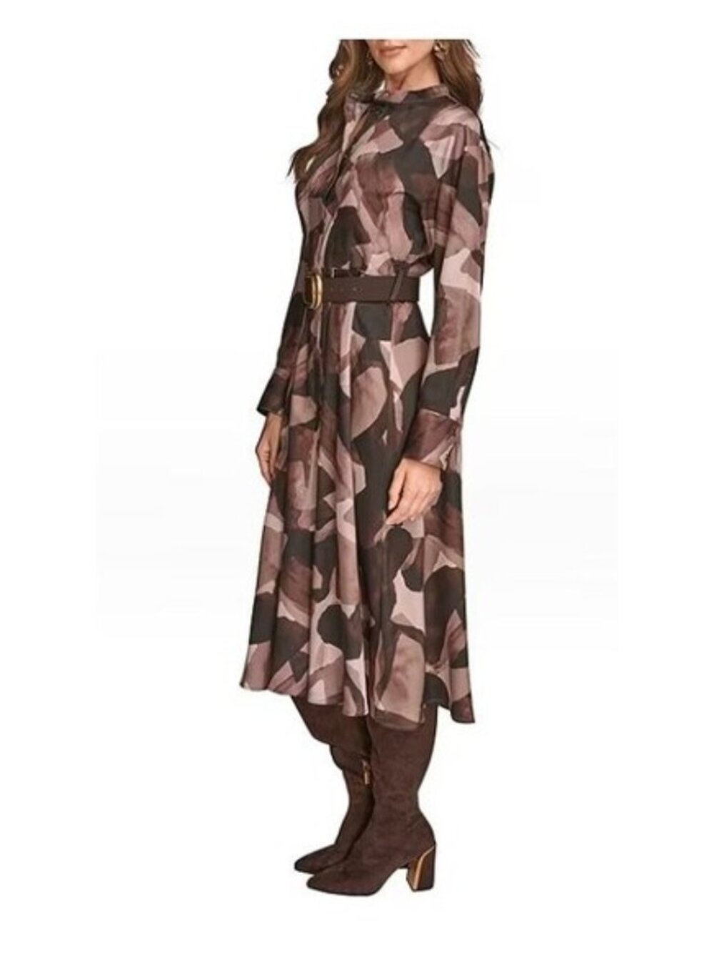 Donna Karan brown Twill Crew Neck Long Sleeve Belted Midi Shirt Dress SIZE 6